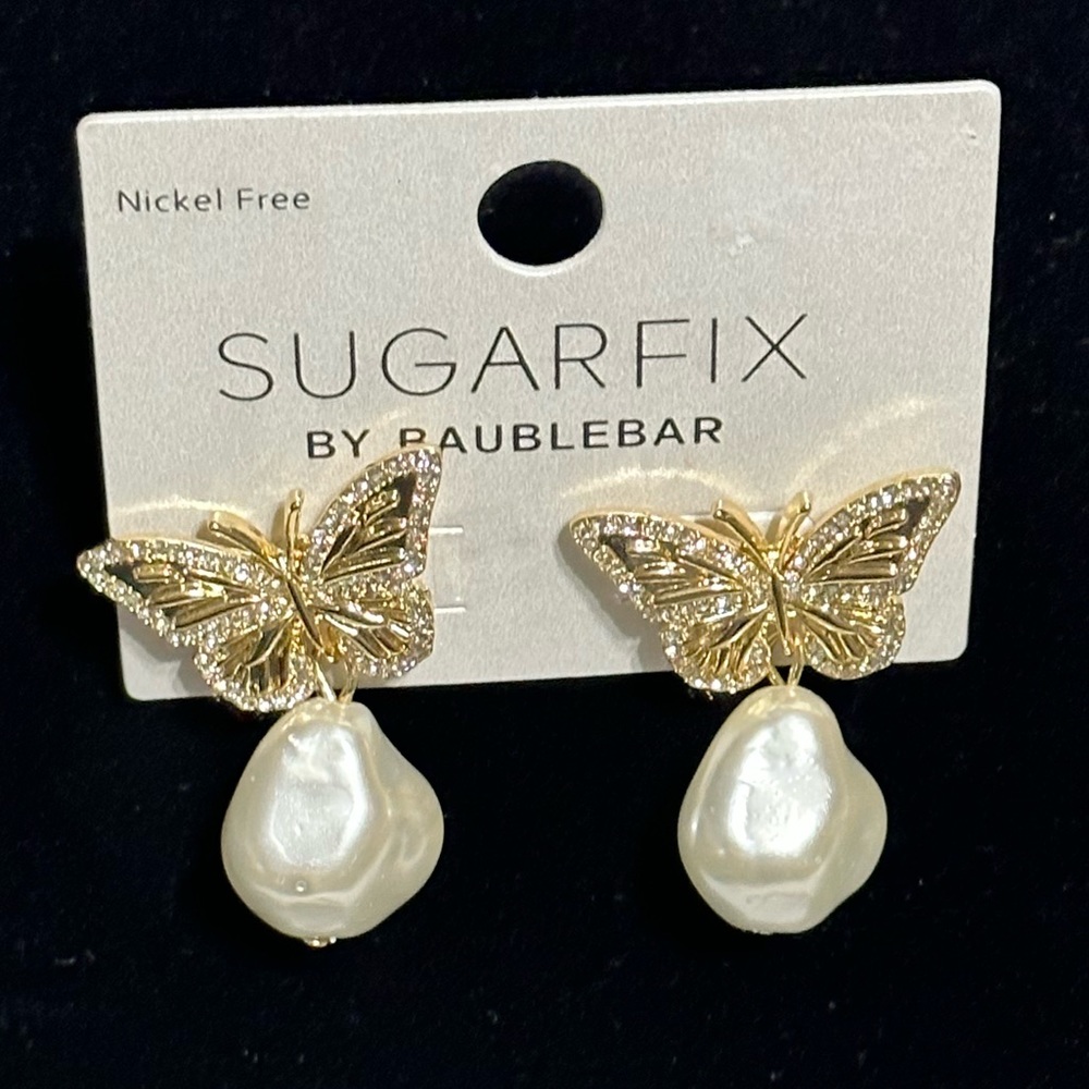 SugarFix by Baublebar butterfly earrings with teardrop faux ivory color pearl
